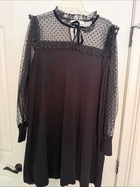LOFT Black Polka Dot Mesh Yoke Long Sleeve Dress
